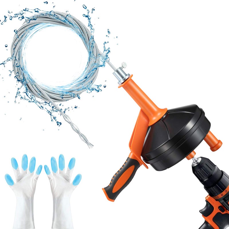 BACEYIOU Drain Auger, Clog Remover with Drill Adapter, 25 Feet Flexible Plumbing Snake Use Manually or Powered for Kitchen, Bathroom and Shower Sink, Comes with Gloves (orange) - Image 1